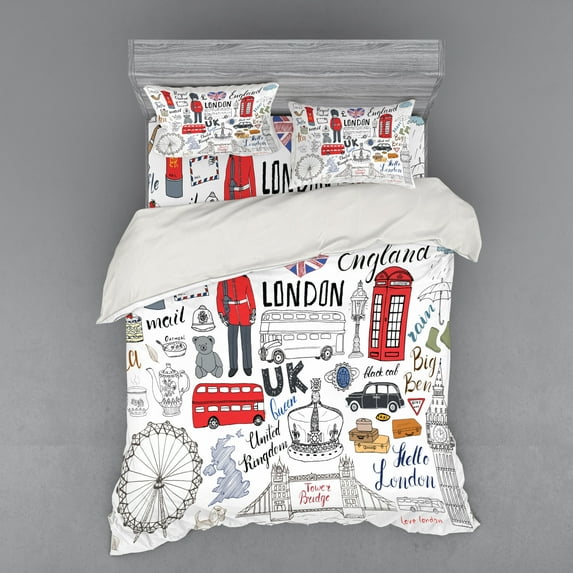 Ambesonne Hipster Bedding Set 4 Pcs, London Double Decker Bus, Queen, Multicolor