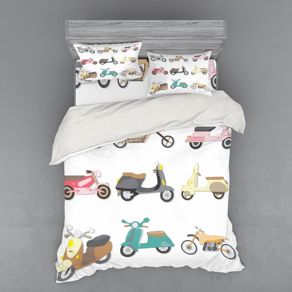 Ambesonne Hipster Bedding Set 4 Pcs, Scooters Design, Queen, Multicolor