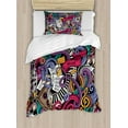 thumbnail image 1 of Ambesonne Hipster Duvet Cover Set, Music Themed Hand Drawn Abstract Instruments Microphone Drums Keyboard Stradivarius, Decorative 2 Piece Bedding Set with 1 Pillow Sham, Twin Size, Coral Purple Twin Coral Purple, 1 of 7