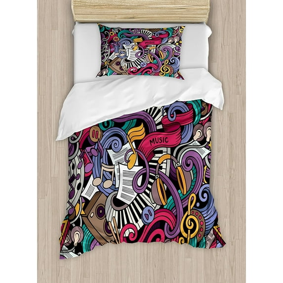 Ambesonne Hipster Duvet Cover Set, Music Themed Hand Drawn Abstract Instruments Microphone Drums Keyboard Stradivarius, Decorative 2 Piece Bedding Set with 1 Pillow Sham, Twin Size, Coral Purple Twin Coral Purple