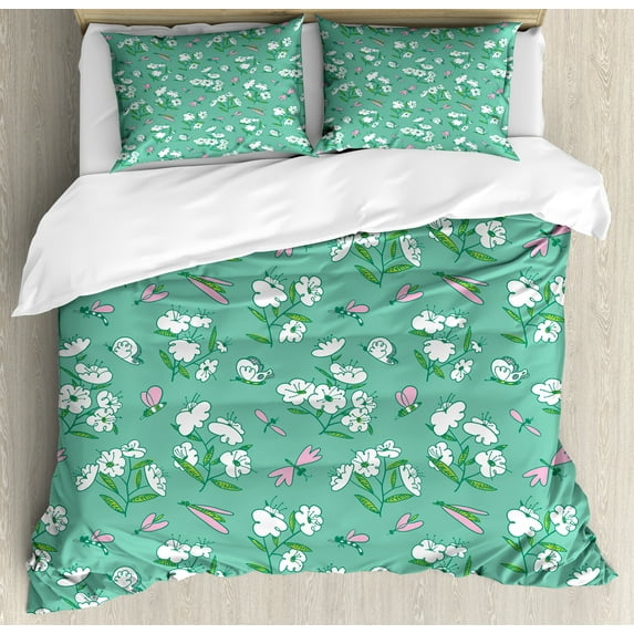 Ambesonne Hipster Duvet Cover Sets, Blooming Butterflies Sketch, 2-Queen, Seafoam and Pale Pink
