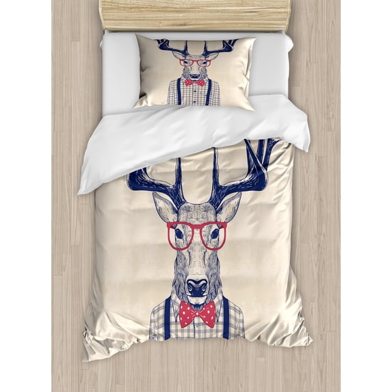 Ambesonne Hipster Duvet Cover Sets, Humorous Deer with Jazz Bow, 2-Twin, Indigo Dark Coral