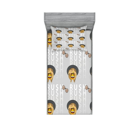 Ambesonne Hipster Emoji Fitted Sheet & Pillow Sham Set, Modern Rush Text Face, Twin, Pale Grey Mustard Ecru
