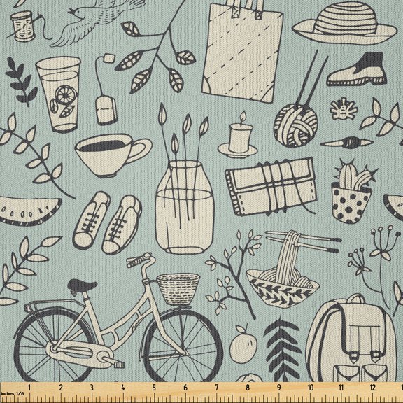 Ambesonne Hipster Fabric by the Yard Microfiber, Hipster Summer Mood, 3 Yards, Pale Almond Green Cream