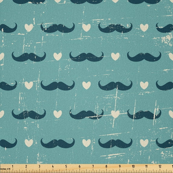 Ambesonne Hipster Fabric by the Yard Microfiber, Mustaches Hearts Grunge, 5 Yards, Turquoise Off White
