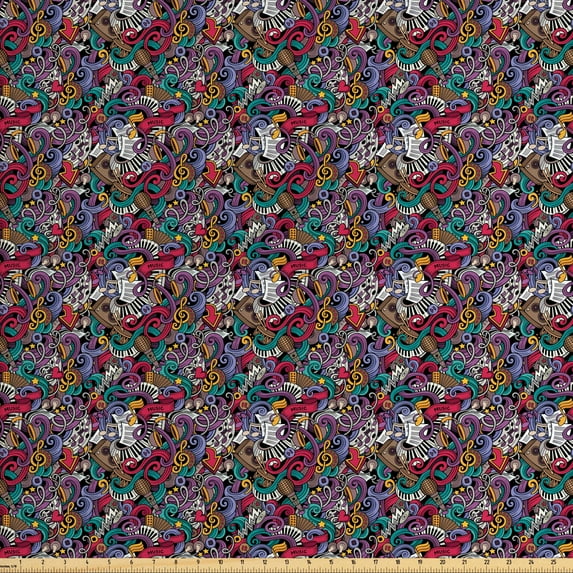 Ambesonne Hipster Fabric by the Yard Upholstery, Music Theme Instruments, 10 Yards, Multicolor
