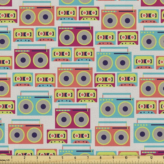 Ambesonne Hipster Fabric by the Yard Upholstery, Retro Funky Music Pattern, 2 Yards, Multicolor