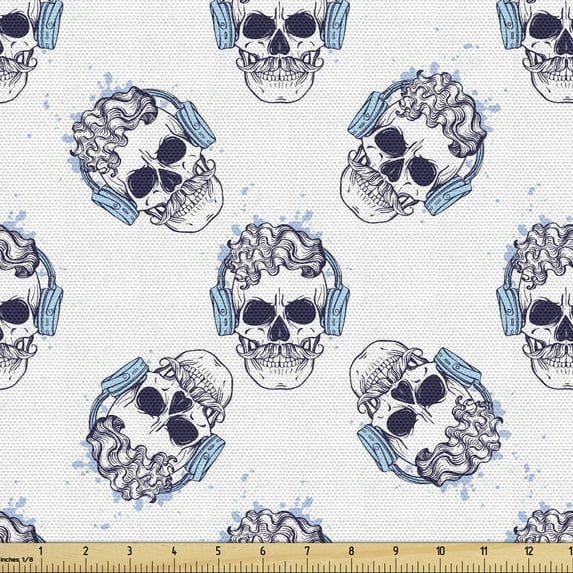 Ambesonne Hipster Fabric by the Yard Upholstery, Skull with Headphones, 1 Yard, Indigo Pale Sky Blue