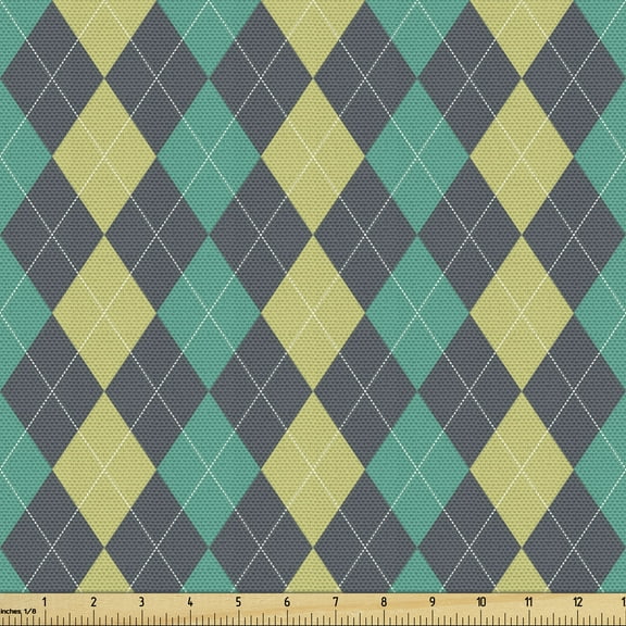 Ambesonne Hipster Fabric by the Yard Upholstery, Vintage Argyle Pattern, 5 Yards, Charcoal Grey Pale Green