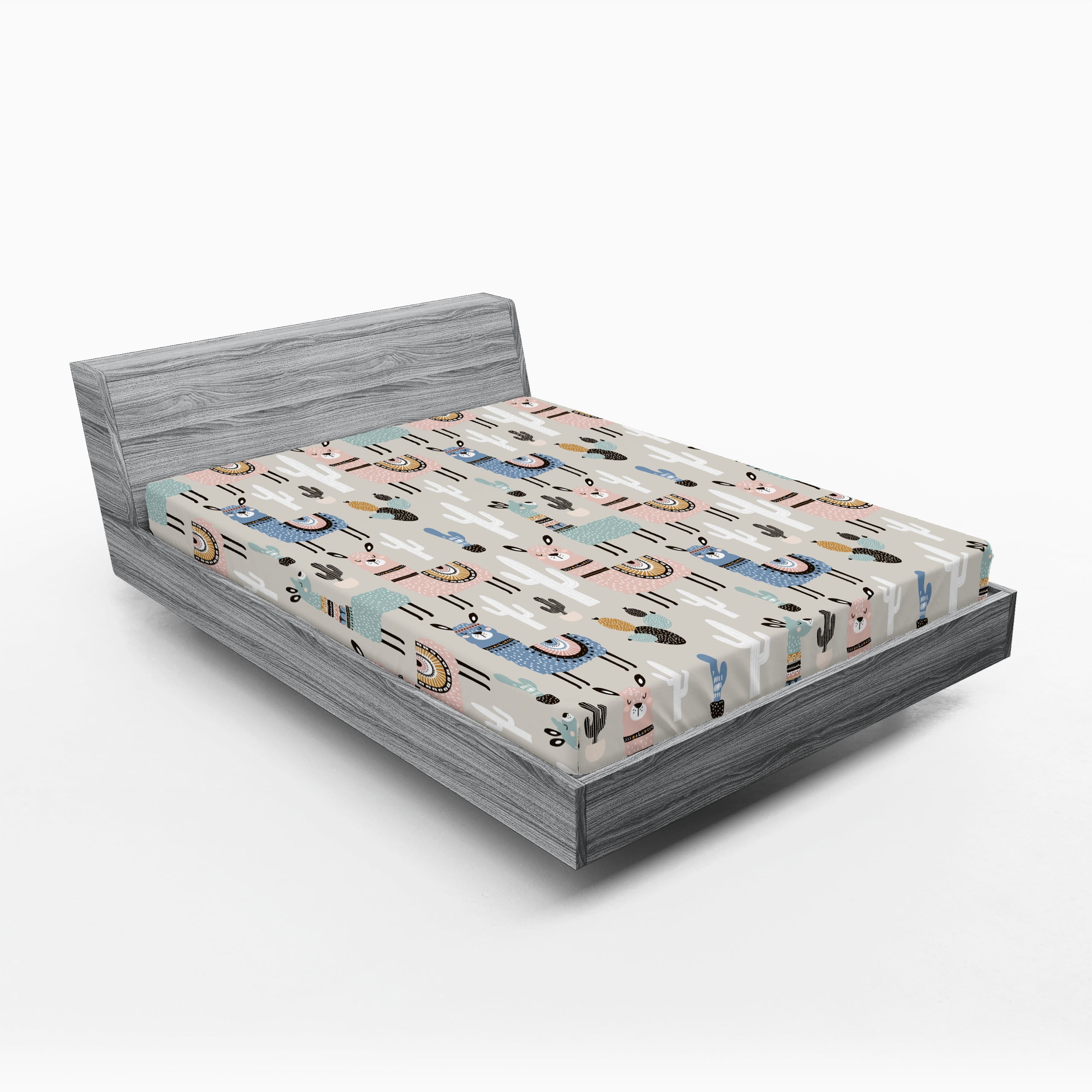Queen Beige and Blue Microfiber Floral Fitted Sheet