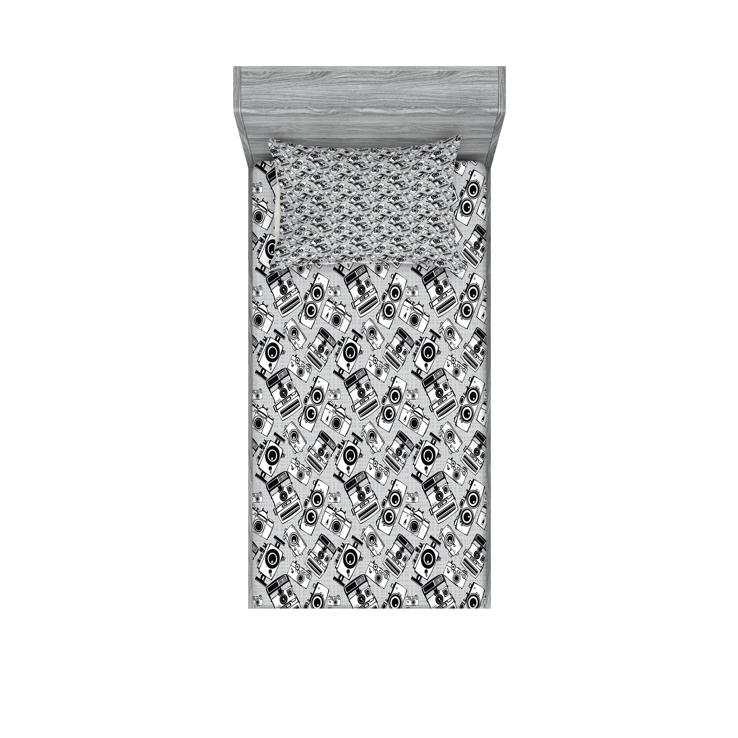 Ambesonne Hipster Fitted Sheet & Pillow Sham Set, Vintage Photo Cameras, Twin, Pale Grey White