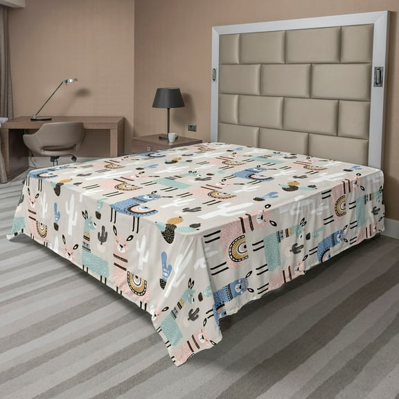 Ambesonne Hipster Flat Sheet, Llama Cartoon Art, King Size, Multicolor
