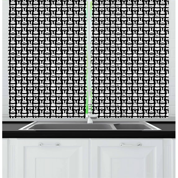 Ambesonne Hipster Kitchen Curtains, Intellectual Rabbit Cat, 55"x39", Black and White