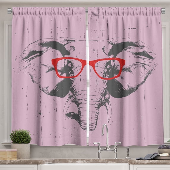 Ambesonne Hipster Kitchen Curtains, with Funny Glasses, 55"x45", Pale Rose Charcoal Grey
