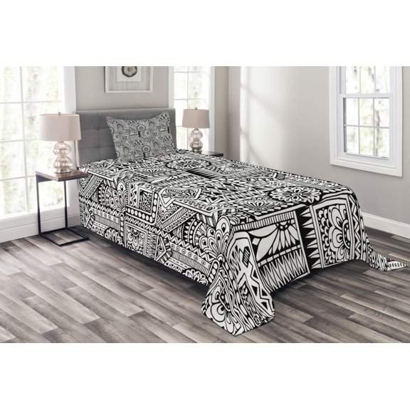 Ambesonne Hipster Quilted Bedspread Set 2 Pcs, Aboriginal Monochrome Forms, Twin Size, Black White
