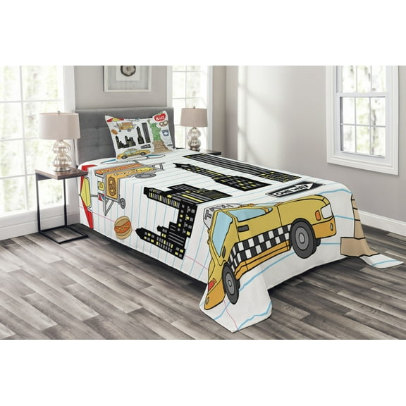 Ambesonne Hipster Quilted Bedspread Set 2 Pcs, Big Apple Hot Dog, Twin Size, Multicolor