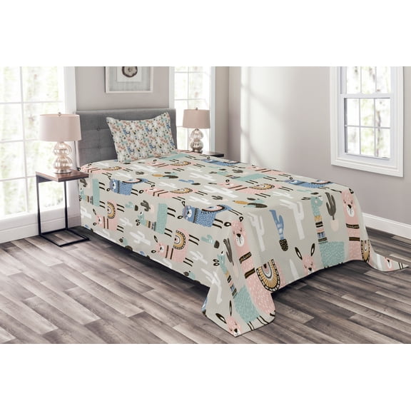 Ambesonne Hipster Quilted Bedspread Set 2 Pcs, Llama Cartoon Art, Twin Size, Multicolor