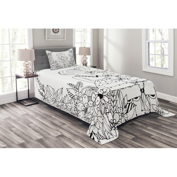Ambesonne Hipster Quilted Bedspread Set 2 Pcs, Ponytailed Girlfriend, Twin Size, Black White