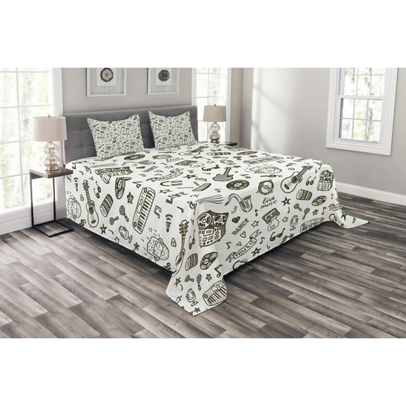 Ambesonne Hipster Quilted Bedspread Set 3 Pcs, Bearded Musician Guitar, King Size, Olive Green and White