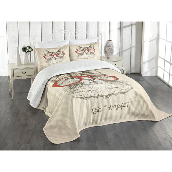 Ambesonne Hipster Quilted Bedspread Set 3 Pcs, Cat with Retro Glasses, Queen Size, Olive Green Vermilion
