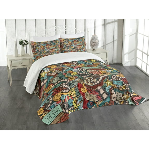 Ambesonne Hipster Quilted Bedspread Set 3 Pcs, Cinema Items Popcorn, Queen Size, Multicolor
