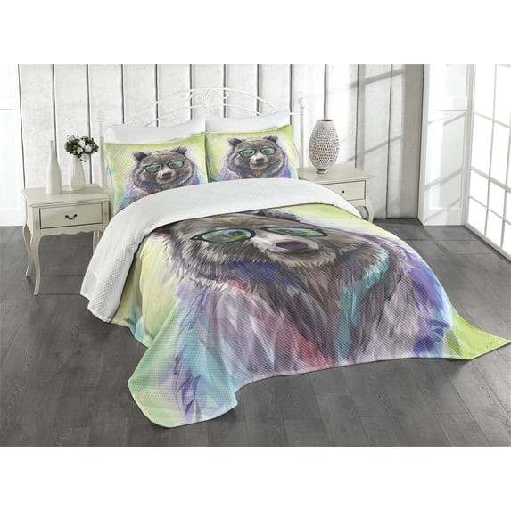Ambesonne Hipster Quilted Bedspread Set 3 Pcs, Colored Wild Bear Art, Queen Size, Lime Green Purple