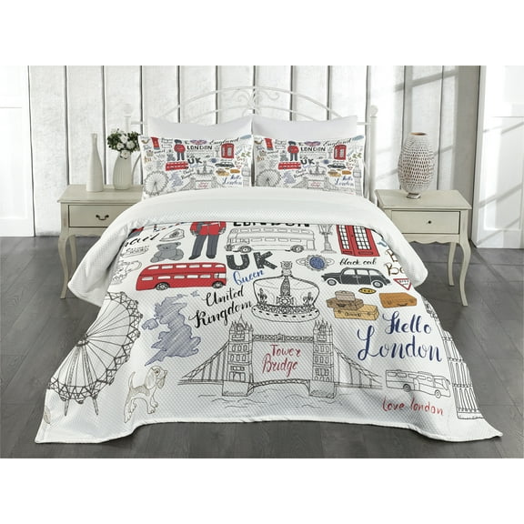 Ambesonne Hipster Quilted Bedspread Set 3 Pcs, London Double Decker Bus, Queen Size, Multicolor