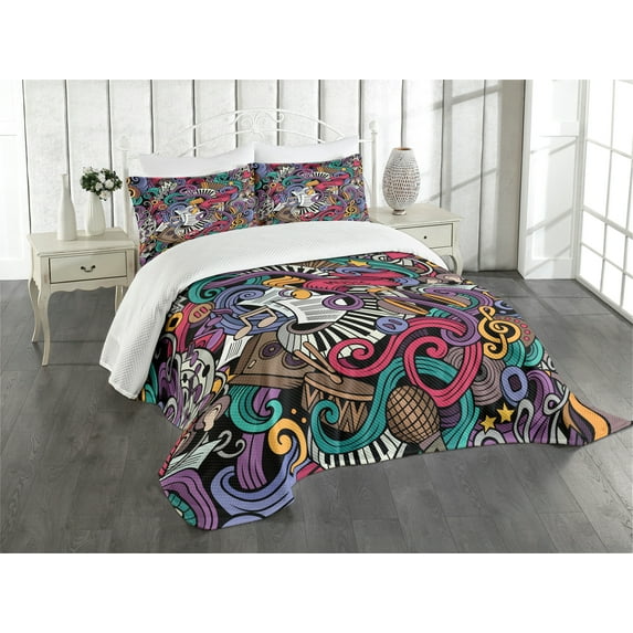 Ambesonne Hipster Quilted Bedspread Set 3 Pcs, Music Theme Instruments, Queen Size, Multicolor
