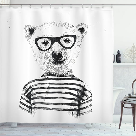 Ambesonne Hipster Shower Curtain, Bear in Glasses Fun, 69"Wx70"L, Black White