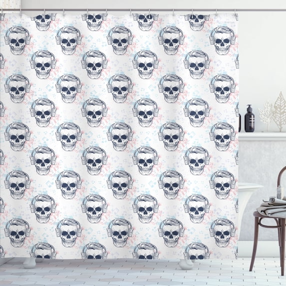 Ambesonne Hipster Shower Curtain, Skull on Headphones Music, 69"Wx70"L, Slate Blue Rose