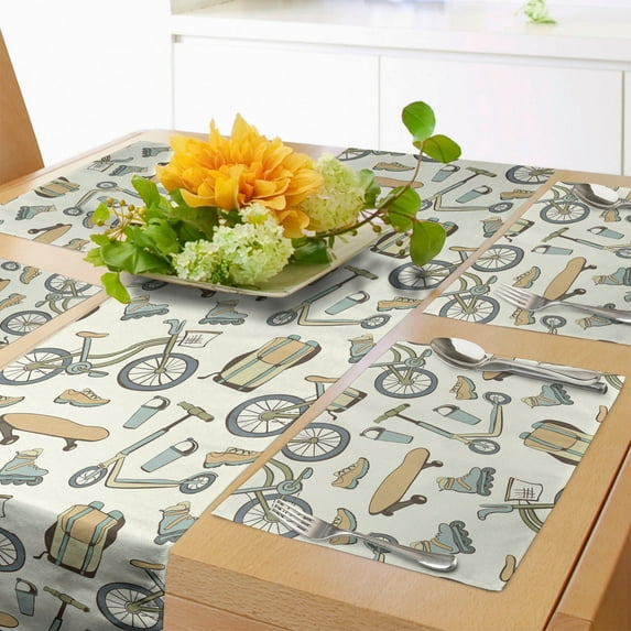 Ambesonne Hipster Table Runner & Placemats, Pastel Sports Youth Theme, Placemat 4 pcs + Runner 12"x72", Tan Slate Blue
