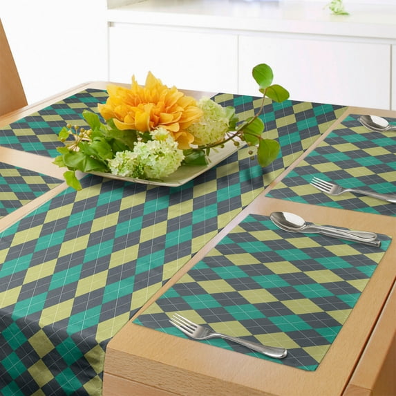 Ambesonne Hipster Table Runner & Placemats, Vintage Argyle Pattern, Placemat 4 pcs + Runner 12"x90", Charcoal Grey Pale Green