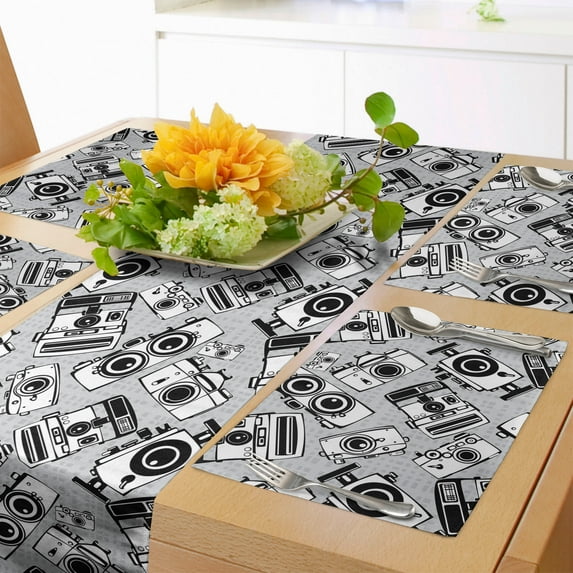 Ambesonne Hipster Table Runner & Placemats, Vintage Photo Cameras, Placemat 4 pcs + Runner 16"x72", Pale Grey White