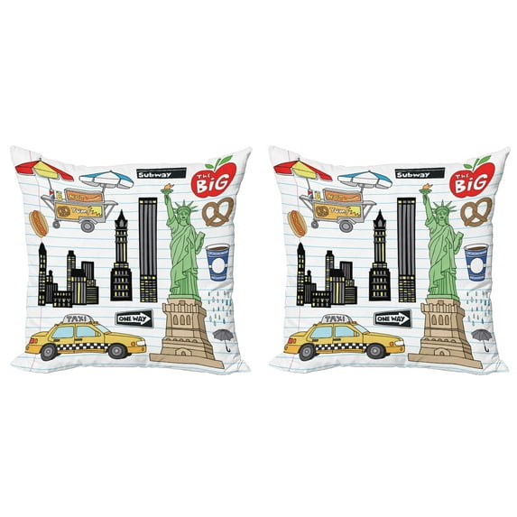 Ambesonne Hipster Throw Pillow Cover 2 Pack, Big Apple Hot Dog, 18", Multicolor