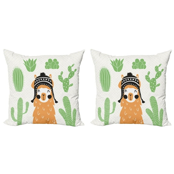 Ambesonne Hipster Throw Pillow Cover 2 Pack, Llama in Hat Smiling, 24", Multicolor