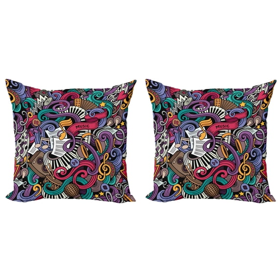 Ambesonne Hipster Throw Pillow Cover 2 Pack, Music Theme Instruments, 16", Multicolor