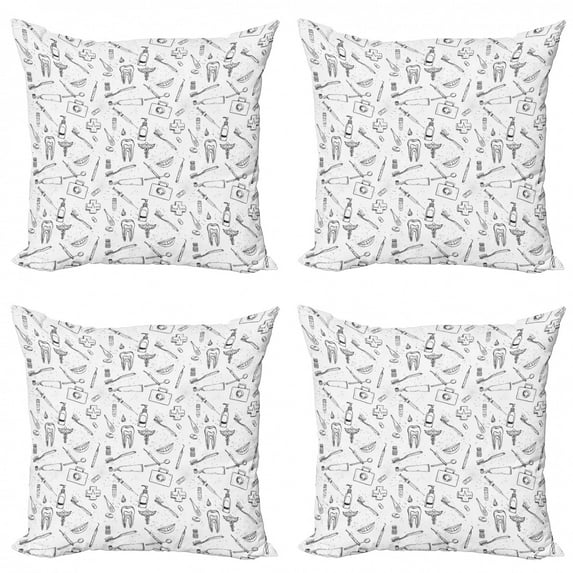 Ambesonne Hipster Throw Pillow Cover 4 Pack, Dental Care Themed Motif, 18", Black and White
