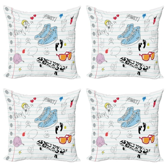 Ambesonne Hipster Throw Pillow Cover 4 Pack, Drawings on a Notebook, 18", Black Pale Blue Ginger