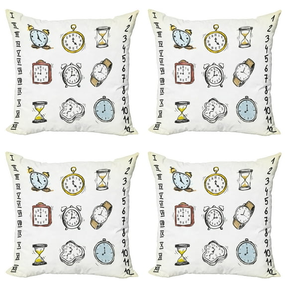 Ambesonne Hipster Throw Pillow Cover 4 Pack, Hand Drawn Vintage Clock, 16", White and Black