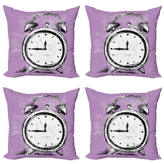 Ambesonne Hipster Throw Pillow Cover 4 Pack, Retro Alarm Clock Grunge, 16", Purple White Black