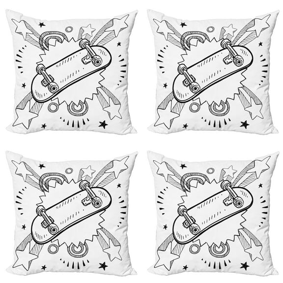 Ambesonne Hipster Throw Pillow Cover 4 Pack, Skateboard Pop Art Style, 16", Black White