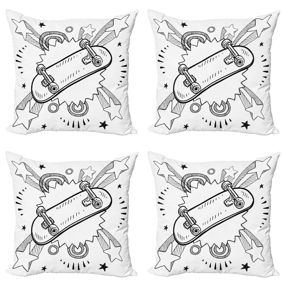 Ambesonne Hipster Throw Pillow Cover 4 Pack, Skateboard Pop Art Style, 20", Black White