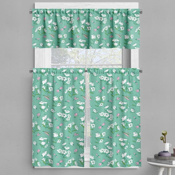 Ambesonne Hipster Valance & Curtain, Blooming Butterflies Sketch, 55"x30", Seafoam and Pale Pink