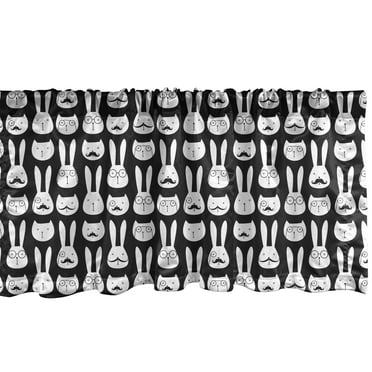 Ambesonne Hipster Window Valance, Intellectual Rabbit Cat, 54" X 18", Black and White