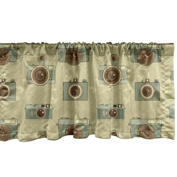 Ambesonne Hipster Window Valance, Old Cameras Grungy, 42" x 12", Reseda Green Sand Brown