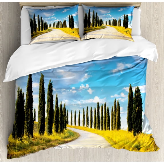 Ambesonne Historic Duvet Cover Set, Mediterranean Trees, Calking, Cream Green Blue