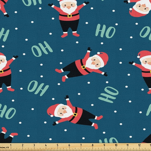 Ambesonne Ho Ho Ho Fabric by the Yard Upholstery, Happy Santa Hands up Dots, 5 Yards, Dark Sky Blue and Pink