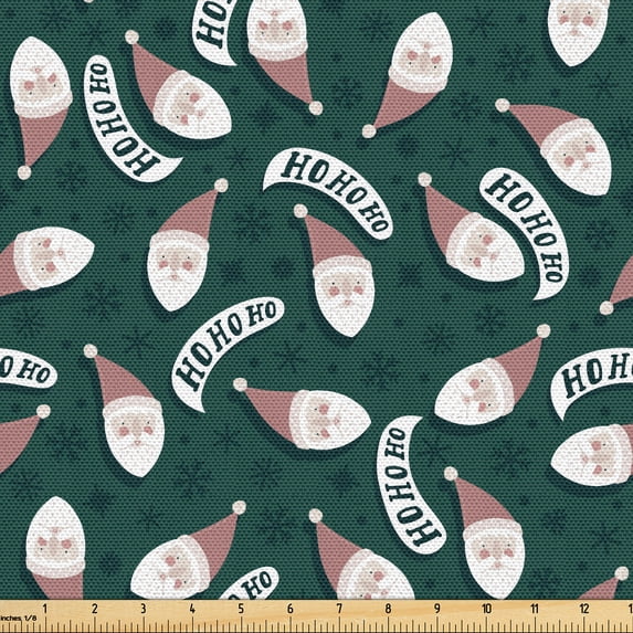 Ambesonne Ho Ho Ho Fabric by the Yard Upholstery, Santa Heads and Sayings, 5 Yards, Hunter Green Grey Pink