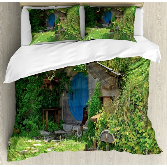 Ambesonne Hobbits Duvet Cover Sets, Fantasy Hobbit Land House, 2-King, Green Brown Blue
