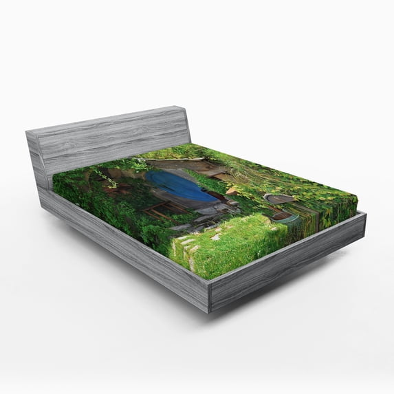 Ambesonne Hobbits Fitted Sheet, Fantasy Hobbit Land House, Full Size, Green Brown Blue